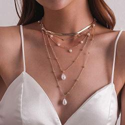 fxmimior Gold Pearls Pendant Layering Choker Necklaces Long Y Necklace Chain Jewelry for Women and Girls Tier 5