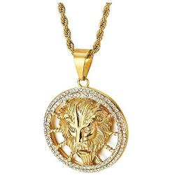 COOLSTEELANDBEYOND Mens Womens Steel Gold Lion Head Open Circle Pendant Necklace with Cubic Zirconia, 30 in Rope Chain