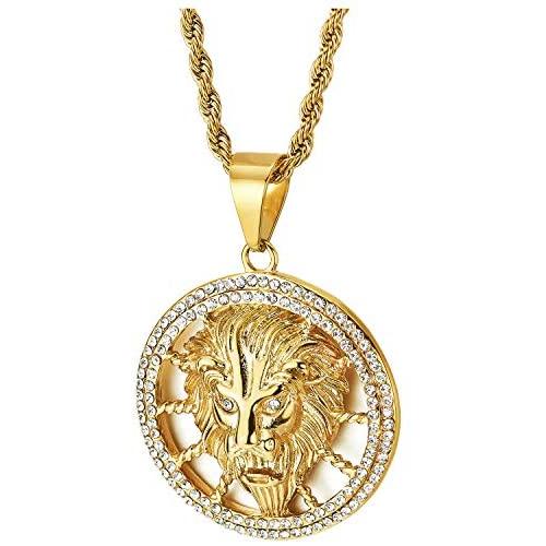 COOLSTEELANDBEYOND Mens Womens Steel Gold Lion Head Open Circle Pendant Necklace with Cubic Zirconia, 30 in Rope Chain