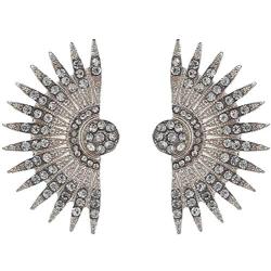 Silver Tone Art Deco Antique Vintage Style Flapper Fan Wings Rhinestone Wedding Bridal Prom Statement Earrings