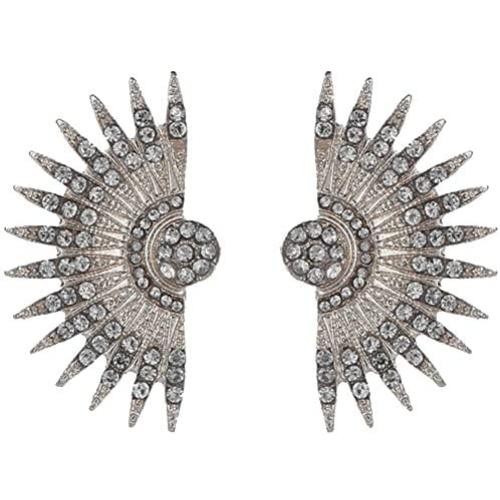 Silver Tone Art Deco Antique Vintage Style Flapper Fan Wings Rhinestone Wedding Bridal Prom Statement Earrings