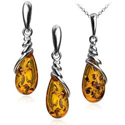 Amber Sterling Silver Drop Dangle Earrings Pendant Necklace Set Chain 18''