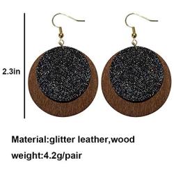 5 Pairs Faux Leather Glitter Sequins Drop Earrings Lightweight Circle Wood Dangle Earrings for Women Vintage Jewelry