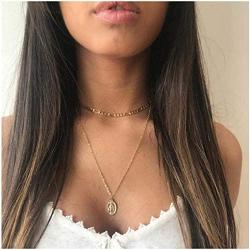 Olbye Virgin Mary Pendant Necklace Gold Layering Necklace Choker for Women and Girls Medallion Oval Necklace