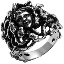 Flongo Mens Women Vintage Stainless Steel Greek Mythology Black Silver Goth Goddess Medusa Ring Snake Haired Band Goth