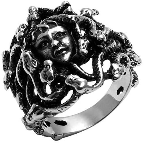 Flongo Mens Women Vintage Stainless Steel Greek Mythology Black Silver Goth Goddess Medusa Ring Snake Haired Band Goth