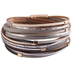 TASBERN Womens Leather Bracelet Crystal Metal Tube Wrap Bracelets Cuff Bangle with Magnetic Clasp for Girls