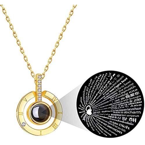 VAttract I Love You Projection Necklace 100 Languages Round Pendant with Meaning The Memory of Your Love Jewelry Couples Necklaces Gift for Women Mom or Girlfriends
