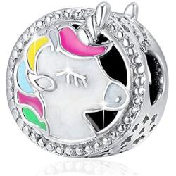FOREVER QUEEN Unicorn Charm for Pandora Charm Bracelet, Round Shape Genuine 925 Sterling Silver Colorful Enamel Bead for European Bracelets Birthday Mothers Day Gift