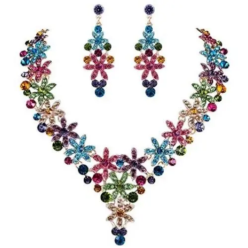 EVER FAITH Austrian Crystal Enamel Party Flower Cluster Drop Necklace Earrings Set EVER FAITH Austrian Crystal Enamel Party Flower Cluster Drop Necklace Earrings Set