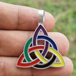 Celtic Knot Jewelry Rainbow Colored Charmed Triquetra Trinity Medieval Pagan LGBT Pride Gay Lesbian Transgender Bisexual Silver Pewter Pendant Necklace Charm Wicca Protection Amulet W Black PVC Cord
