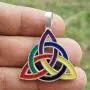Celtic Knot Jewelry Rainbow Colored Charmed Triquetra Trinity Medieval Pagan LGBT Pride Gay Lesbian Transgender Bisexual Silver Pewter Pendant Necklace Charm Wicca Protection Amulet W Black PVC Cord
