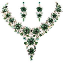 BriLove Wedding Bridal Jewelry Set Crystal Multi Hibiscus Flower Enamel Statement Necklace Dangle Earrings Set Emerald Color Gold-Toned