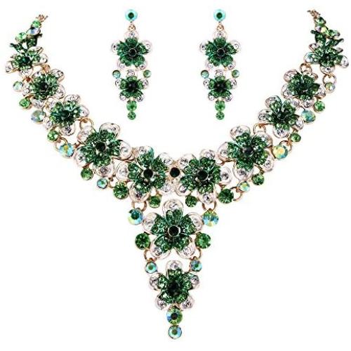 BriLove Wedding Bridal Jewelry Set Crystal Multi Hibiscus Flower Enamel Statement Necklace Dangle Earrings Set Emerald Color Gold-Toned