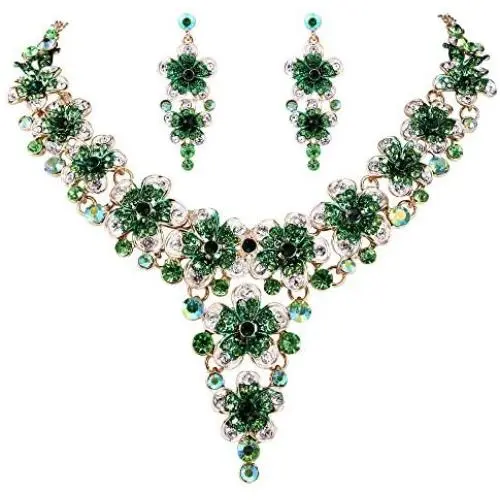 BriLove Wedding Bridal Jewelry Set Crystal Multi Hibiscus Flower Enamel Statement Necklace Dangle Earrings Set Emerald Color Gold-Toned BriLove Wedding Bridal Jewelry Set Crystal Multi Hibiscus Flower Enamel Statement Necklace Dangle Earrings Set Emerald Color Gold-Toned