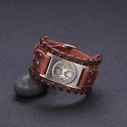 VASSAGO Vintage Amulet Norse Viking Tree of Life Yggdrasil Celtic Knot Metal Brown Leather Bracelet