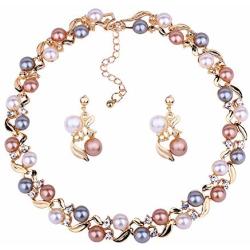 Sparlking Banquet Wedding Bride Pearl Leaves Necklace Earrings Jewelry Set with Crystal Gorgeous Neckalce for Women Party Jewelry