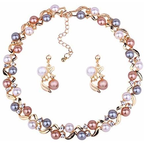 Sparlking Banquet Wedding Bride Pearl Leaves Necklace Earrings Jewelry Set with Crystal Gorgeous Neckalce for Women Party Jewelry