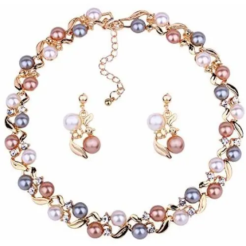 Sparlking Banquet Wedding Bride Pearl Leaves Necklace Earrings Jewelry Set with Crystal Gorgeous Neckalce for Women Party Jewelry
