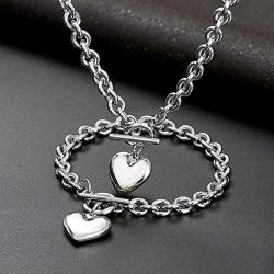 Silver/18k Gold Plated Chunky Charm Stainless Steel Heart Chain Choker Bracelet and Necklace Set for Womens Girls Fashion Valentine Jewelry Set