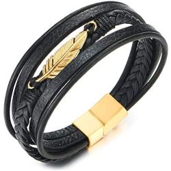 COOLSTEELANDBEYOND Mens Women Stainless Steel Feather Multi-Strand Black Braided Leather Bangle Bracelet