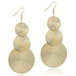 KaFu Lightweight Bohemia Geometric 14K Gold Round Disc Triple Long Earrings Dangle Drop Filigree Carved Statement Earring for Women Girls