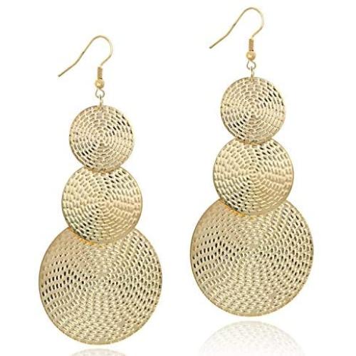 KaFu Lightweight Bohemia Geometric 14K Gold Round Disc Triple Long Earrings Dangle Drop Filigree Carved Statement Earring for Women Girls