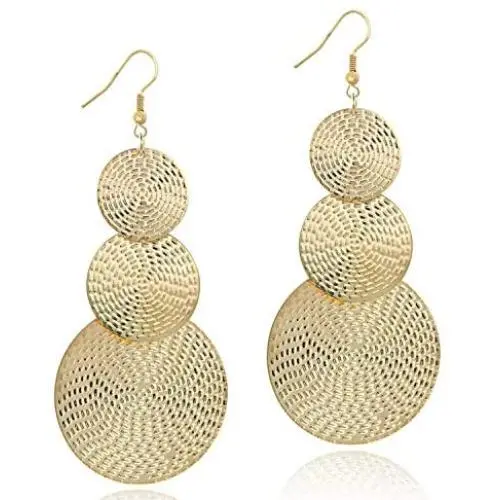 KaFu Lightweight Bohemia Geometric 14K Gold Round Disc Triple Long Earrings Dangle Drop Filigree Carved Statement Earring for Women Girls KaFu Lightweight Bohemia Geometric 14K Gold Round Disc Triple Long Earrings Dangle Drop Filigree Carved Statement Earring for Women Girls