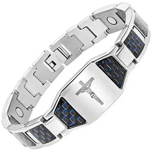 Willis Judd Mens Christian Jesus Crucifix Cross Blue Carbon Fiber Titanium Magnetic Bracelet