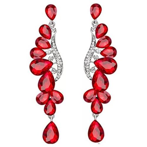 Scarlvambo Womens Austrian Crystal Art Deco Teardrop Pierced Dangle Wedding Earrings Silver-Tone