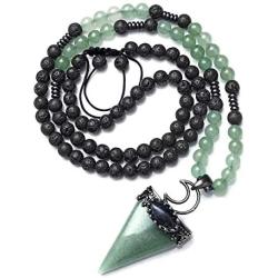 Top Plaza Natural Stone Healing Crystal Triangle Pointed Gemstone Pendant Necklace Crescent Moon Jewelry Adjustable Lava Rock Beads Necklaces for Women Men