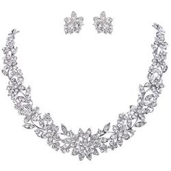 EVER FAITH Wedding Cluster Flower Leaf Necklace Earrings Set Clear Austrian Crystal Silver-Tone
