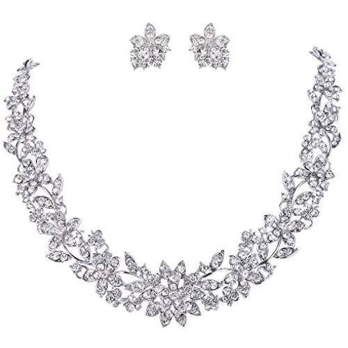 EVER FAITH Wedding Cluster Flower Leaf Necklace Earrings Set Clear Austrian Crystal Silver-Tone