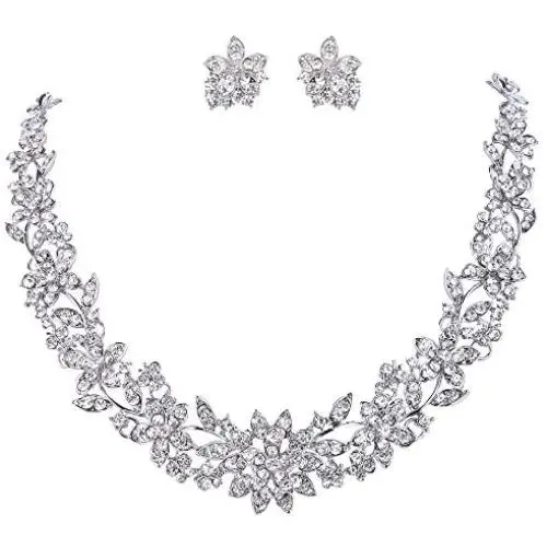EVER FAITH Wedding Cluster Flower Leaf Necklace Earrings Set Clear Austrian Crystal Silver-Tone EVER FAITH Wedding Cluster Flower Leaf Necklace Earrings Set Clear Austrian Crystal Silver-Tone