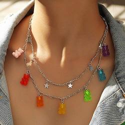 Denifery Colorful Gummy Little Bear Hook Design Chain Layered Star Pendant Dangle Necklace Choker Colorful Cartoon Resin Candy Cute Jewelry Set for Women Girls