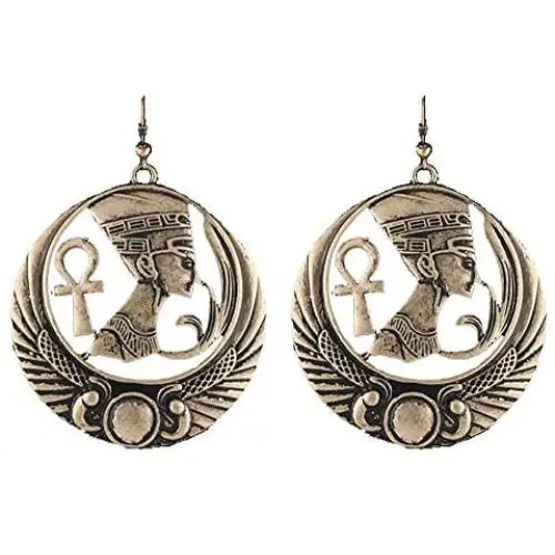 Antique Goldtone Embedded Nefertiti, Ankh Cross and Wings Design Dangle Earrings (R-3665) Antique Goldtone Embedded Nefertiti, Ankh Cross and Wings Design Dangle Earrings (R-3665)