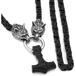 GuoShuang Men Stainless Steel Wolf Head Norse Viking Amulet Thor Hammer Pendant Necklace Viking King Chain
