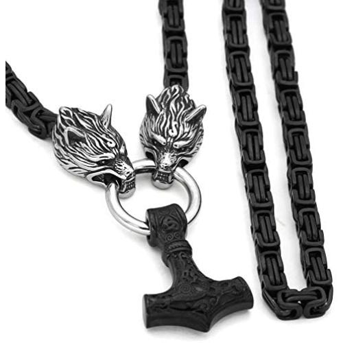 GuoShuang Men Stainless Steel Wolf Head Norse Viking Amulet Thor Hammer Pendant Necklace Viking King Chain