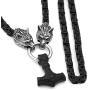 GuoShuang Men Stainless Steel Wolf Head Norse Viking Amulet Thor Hammer Pendant Necklace Viking King Chain