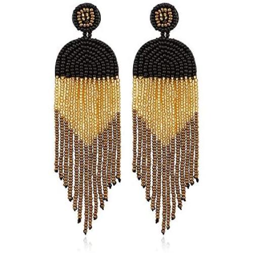 Beaded Tassel Dangle Earrings Long Handmade Bohemian Seed Beaded Statement Drop Earrings for Women Indian Unique Drop Jewelry Thread Fringe Earring