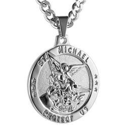 HZMAN St Michael The Archangel Catholic Medal Stainless Steel Amulet Pendant Necklace 22+2'' Rolo Curb Chain