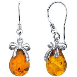 Peora Genuine Baltic Amber Drop Earrings for Women in Sterling Silver, Rich Cognac Color, Dainty Bow Accent, Fish Hook