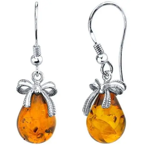 Peora Genuine Baltic Amber Drop Earrings for Women in Sterling Silver, Rich Cognac Color, Dainty Bow Accent, Fish Hook Peora Genuine Baltic Amber Drop Earrings for Women in Sterling Silver, Rich Cognac Color, Dainty Bow Accent, Fish Hook
