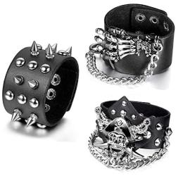 Aroncent 3pcs Black Metal Spike Studded Bracelet Goth Punk Rock Biker Costume Wide Strap Leather Bracelet Set Chain Halloween Wristband for Women Men