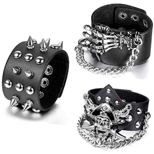 Aroncent 3pcs Black Metal Spike Studded Bracelet Goth Punk Rock Biker Costume Wide Strap Leather Bracelet Set Chain Halloween Wristband for Women Men