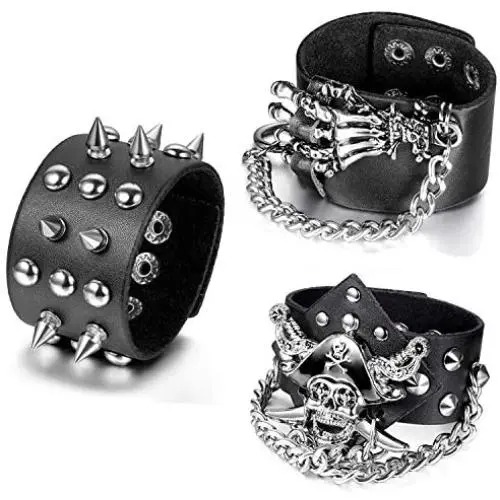 Aroncent 3pcs Black Metal Spike Studded Bracelet Goth Punk Rock Biker Costume Wide Strap Leather Bracelet Set Chain Halloween Wristband for Women Men Aroncent 3pcs Black Metal Spike Studded Bracelet Goth Punk Rock Biker Costume Wide Strap Leather Bracelet Set Chain Halloween Wristband for Women Men