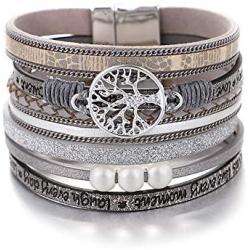 KSQS Tree of Life Leather Multi-Layer Wraps Bracelet,Boho Wide Buckle Wristband Bangle,Braided Cuff Bracelets for Women