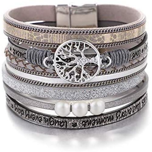 KSQS Tree of Life Leather Multi-Layer Wraps Bracelet,Boho Wide Buckle Wristband Bangle,Braided Cuff Bracelets for Women