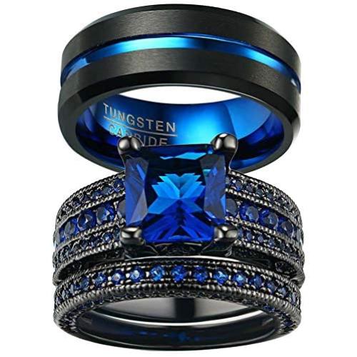 Ringcrown Couple Rings Black Gold Filled Princess Cut Blue Cz Womens Wedding Ring Sets Man Tungsten Wedding Band（Please Buy Two Rings for one Pair）