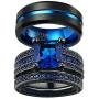 Ringcrown Couple Rings Black Gold Filled Princess Cut Blue Cz Womens Wedding Ring Sets Man Tungsten Wedding Band（Please Buy Two Rings for one Pair）